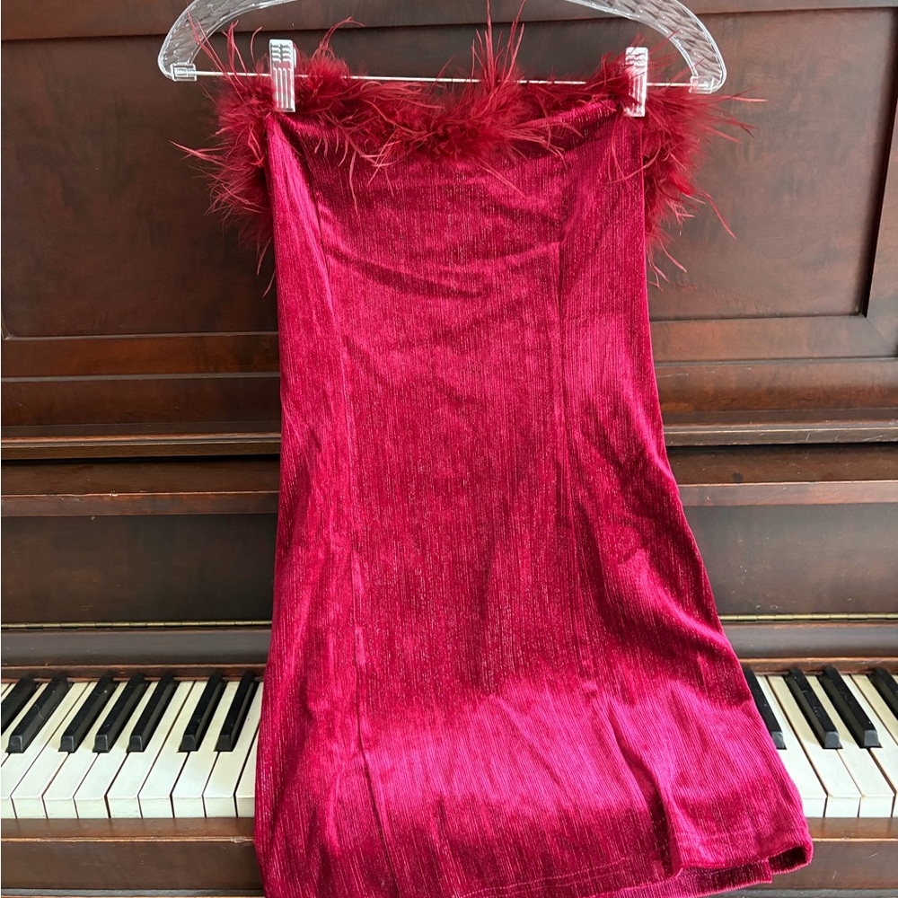 Elegant Red Feather-Trim Mini Dress